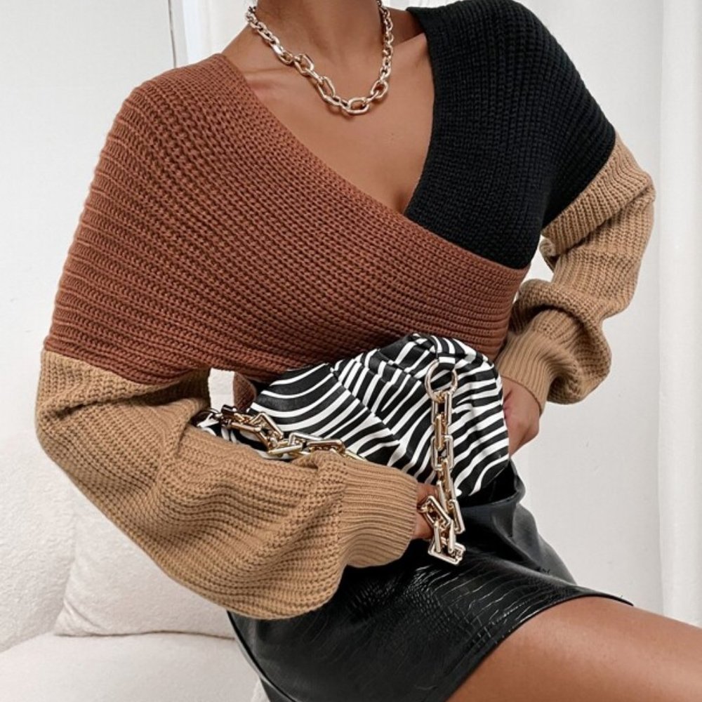 Multi Color Cut And Sew Drop Shoulder Crop Sweater - Picture 7 of 8